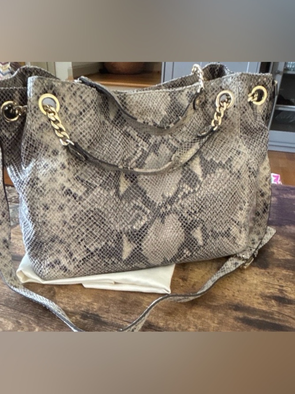Michael Kors Beige/Black Snake Print Embossed Shoulder Bag Gold Chain